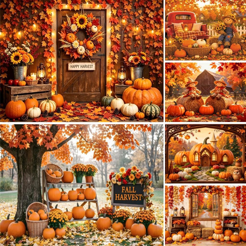 Autumn Scenery Large Banner Yellow Maple Leaves Pumpkin Photography Backdrop Fall Harvest Thanksgiving Party Decor Background