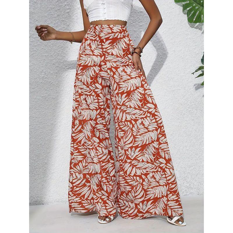 Cross-Border Bohemian Style Autumn New Fashion Leaves Print Loose Casual Elastic High Waist Wide Leg Pants Trousers