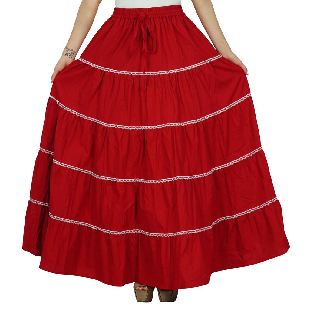 Bimba Damen Langer ausgestellter Baumwollrock Boho Maxi Unterteil Elastische Taille