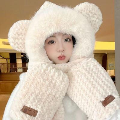 Winter Cute Velvet Warm Protective Hat Cute Bear Hat Women's Warm Hat Scarf Gloves Integrated Hat