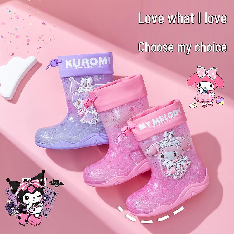 Sanrio Kids Waterproof Girls' Winter Rain Boots with Fleece Lining, Non-Slip Outdoor Rubber Boots