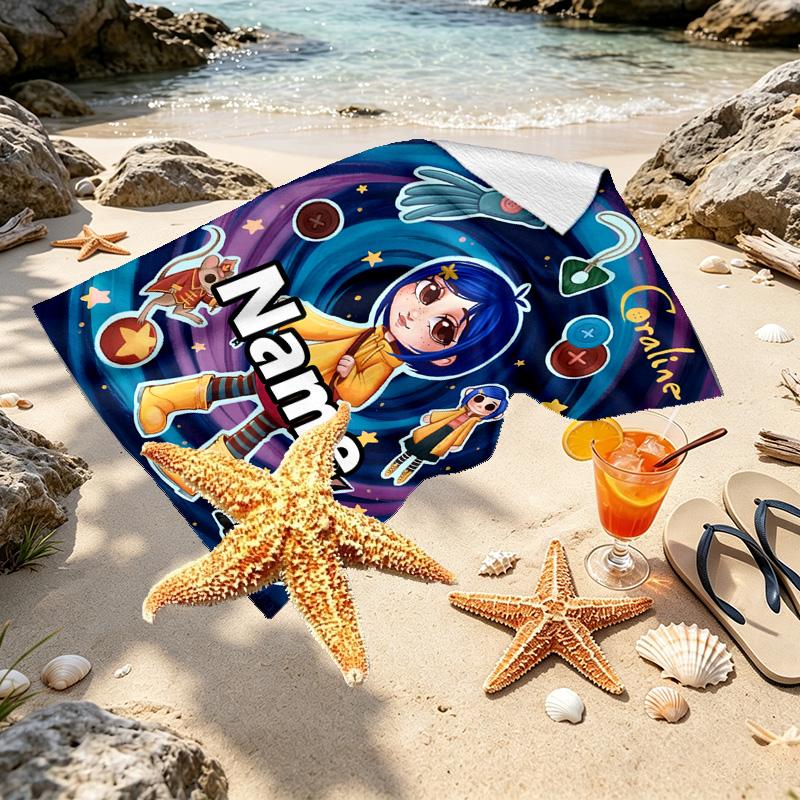 Custom Name Personalized Coraline Print Beach Towel, for Trip Camping Beach Party Home Decor, Birthday Gift for Family & Friends