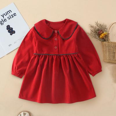 Mädchen Cordkleid Baby Prinzessinnenkleid Mädchen Peter Pan Kragen Dunkelrotes Kleid