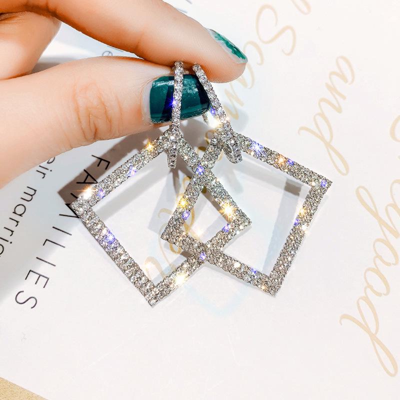 Silver Needle High-End Geometric Diamond Hoop Earrings for Women
