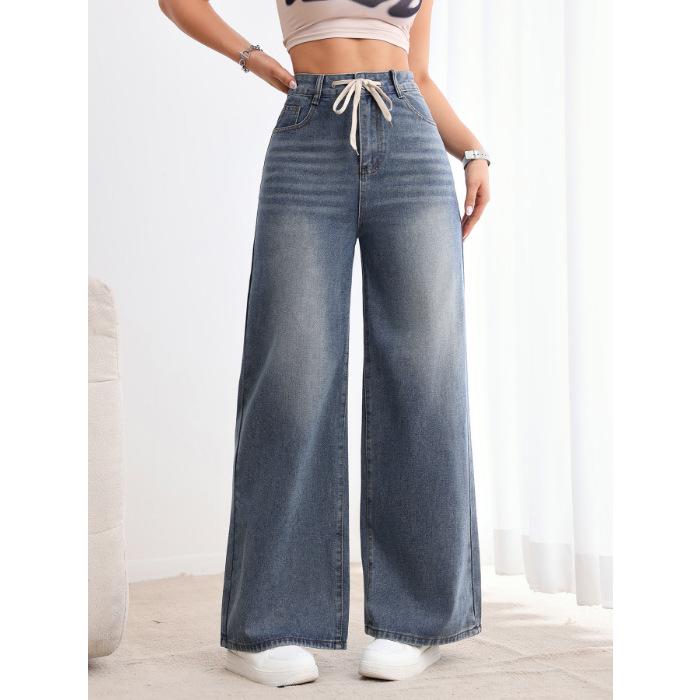 American Retro High-Waist Drawstring Wide-Leg Jeans for Women XS