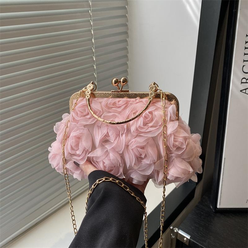 Summer new beautiful flowers light luxury sweet solid color dinner bag high sense portable shoulder messenger bag women