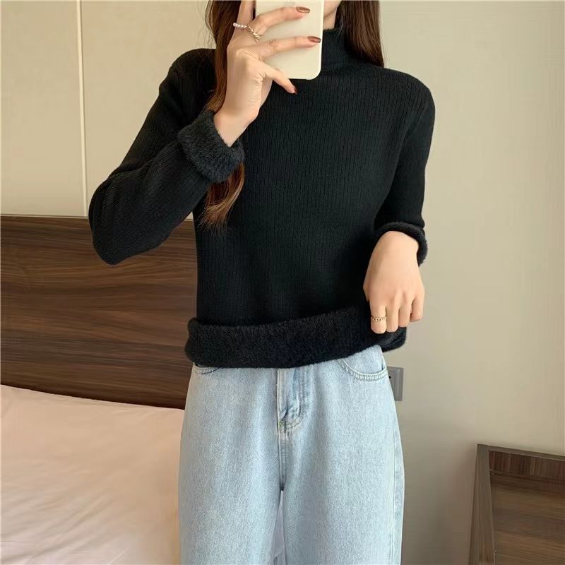 Fleece and Thickened Sweater Top for Women In Winter Semi-high-neck Pullover and Fitted Knitted Sweater Worn Inside