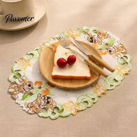 Oval Lace Table Linens Cute Rabbit Placemats, Cartoon Bunny And Tulip Placemat, Hollow Out Floral Kitchen Decor Accessories Place Mat, Fabric