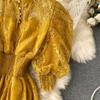 Vintage Women Lace Dress Spring Autumn Puff Sleeve High Waist Party Robe Female Elegant Green Purple Midi Dresses