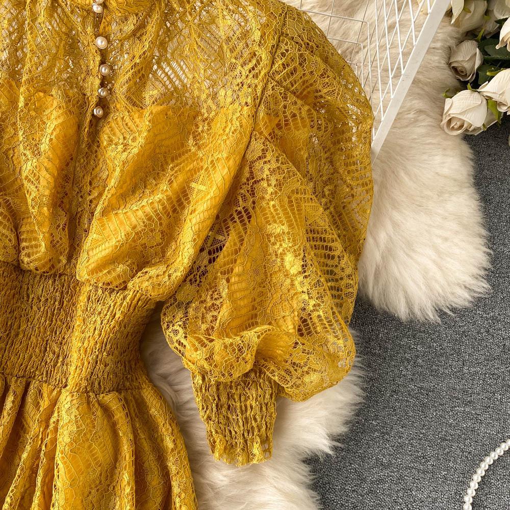 Vintage Frauen Spitzenkleid Frühling Herbst Puffärmel Hohe Taille Party Robe Weiblich Elegant Grün Lila Midi Kleider