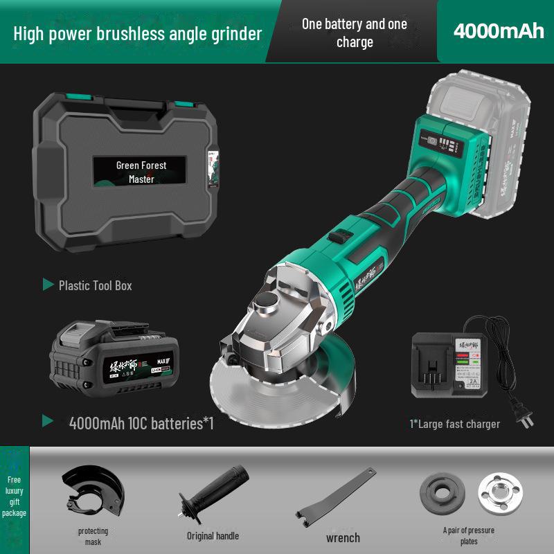 Green Forest Master Brushless Rechargeable Angle Grinder - High Power Lithium Battery for Polishing, Cutting, and Grinding.