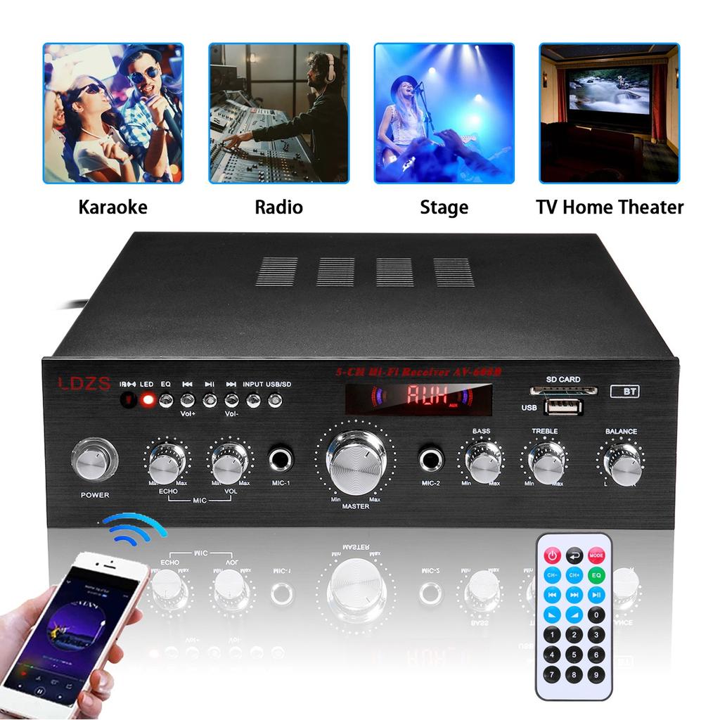 5CH Bluetooth Stereo Amplifier Hifi Audio Power Amp With Remote Control Support FM/USB Home Receiver Karaoke Car Music