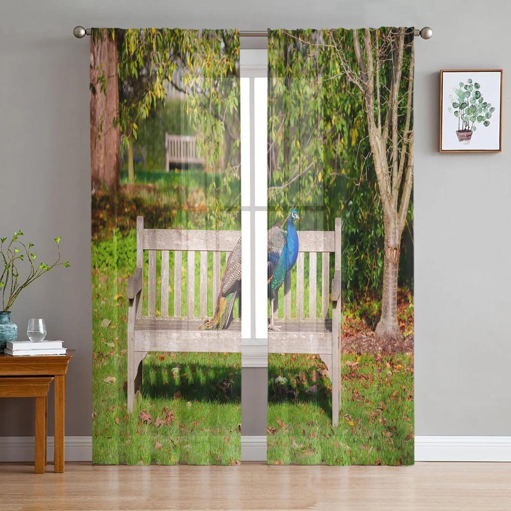 Cortinas Elegantes de Tul Blanco con Plumas de Pavo Real para Decoración de Sala de Estar Dormitorio Gasa Transparente Voile Cortina de Ventana de Cocina