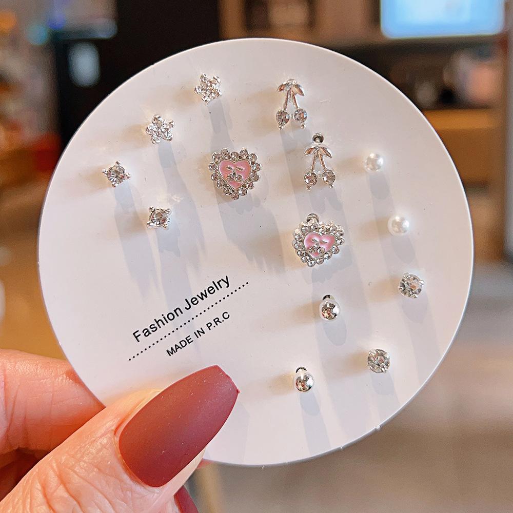 Titanium Steel One-week Stud Earrings 1 Combination Korean Fringed Bow Ins Versatile Cute Earrings for Women