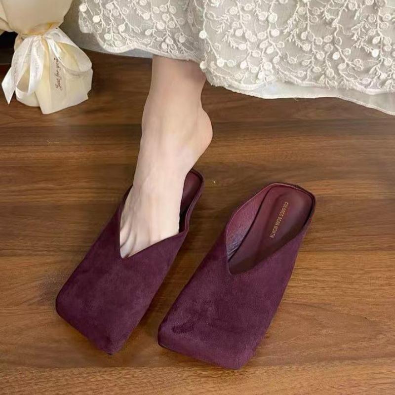 Baotou Half Slippers Women's 2025 Spring Autumn New Style Small Square Head Shallow Mouth Velvet Soft Bottom Fashion Flat Shoes