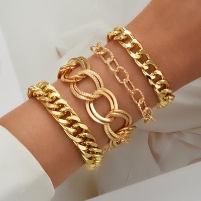 4 Piece Fashion Exaggerated Metal Chain Bracelet Set Jewelry Women Trendy Shiny Daily Party Accessory Decorative Gift Idea