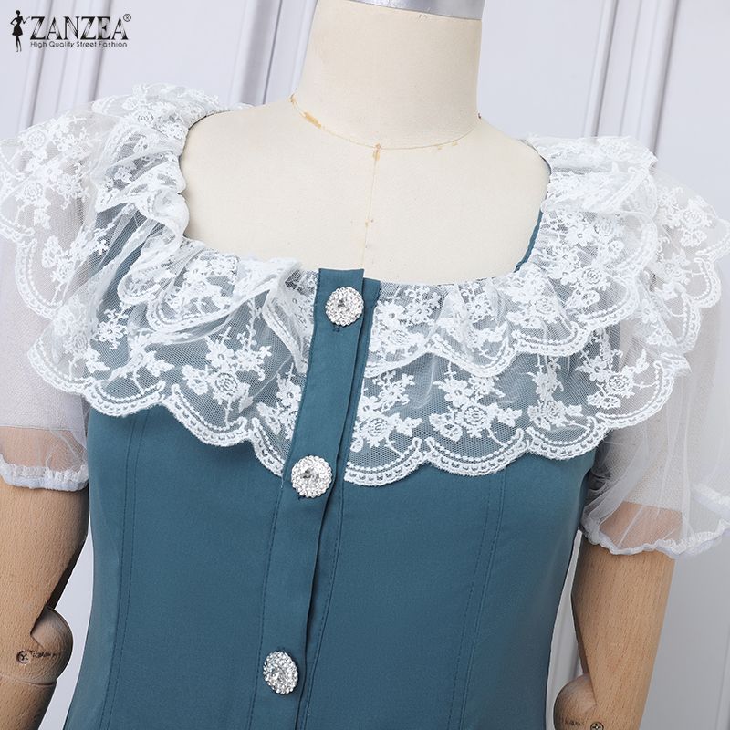 ZANZEA Women Lace Patchwork Round Neck Casual Short Sleeve Long Dress