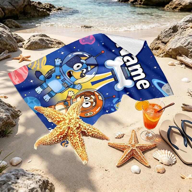Custom Name Personalized Bluey Print Beach Towel, for Trip Camping Beach Party Home Decor, Birthday Gift for Family & Friends