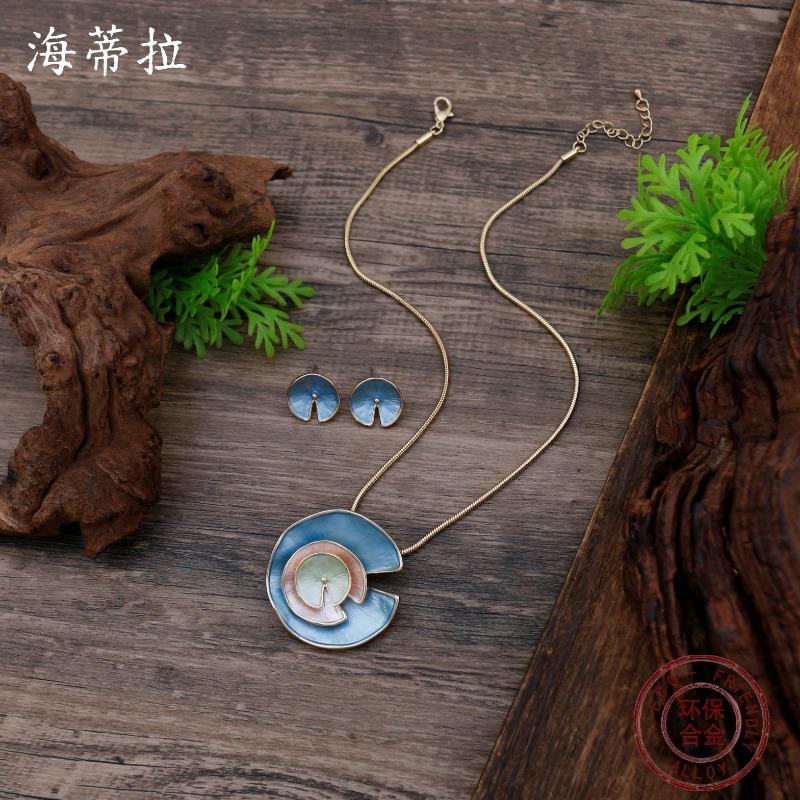 New enamel color irregular lotus leaf stud earrings pendant set women's fashion simple lotus leaf necklace