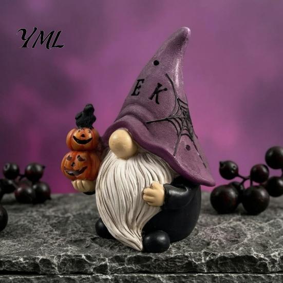 Resin Goblin Dwarf Ornaments Halloween Gnome Statue, EEK BOO Elf Figurine with Pumpkin Cute Desk Accessories Crow Skull, Spooky Tabletop Ornament for