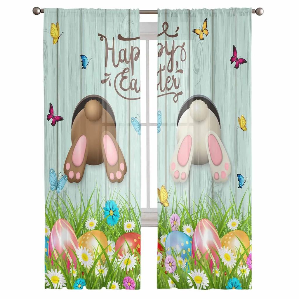 Easter Egg Bunny Butt Daisy Butterfly Sheer Curtains For Living Room Kitchen Window Curtains Bedroom Tulle Voile Curtains