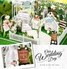 moin moin 124 Dollhouse Miniature Handmade Kit Set Flower Garden Wedding Butterfly Rabbit Chapel Ceremony Hall Wedding  LED Light + Acrylic Case +