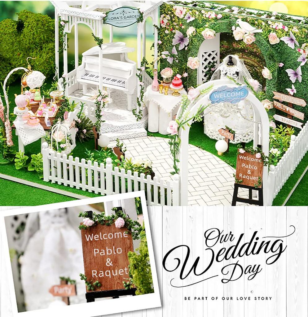 moin moin 124 Dollhouse Miniature Handmade Kit Set Flower Garden Wedding Butterfly Rabbit Chapel Ceremony Hall Wedding  LED Light + Acrylic Case +