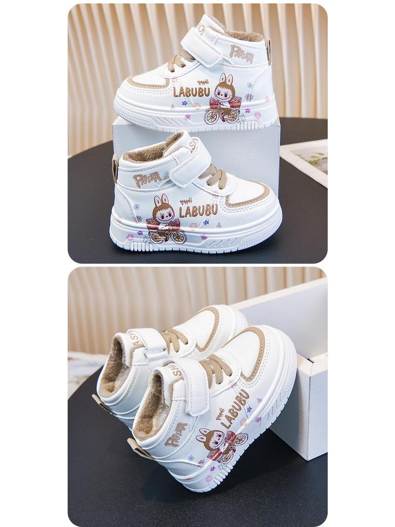 2025 Autumn/Winter Kids' Cartoon Mid-Top Leather Walker Shoes - Unisex, Trendy White