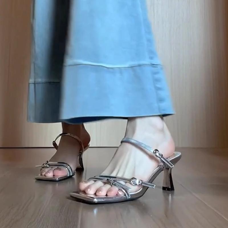 Fashion 2025Summer Womens Fashion Square Toe Open Toe Narrow Strap Slippers New Buckle Design Outdoor Wedding Banquet High Heel Slippers