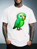 Unisex Summer White Short Sleeve Tee Cute Cartoon Green Parrot Bird Graphic Print Crew Neck Loose Casual Male Daily Tops