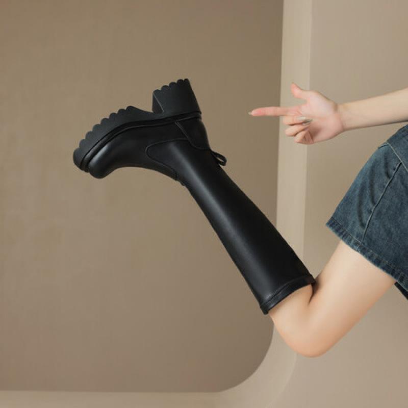 Autumn and winter women's thick-soled Martin boots solid color high-heeled large-size leather boots square-heeled rubber sole non-slip new high boots