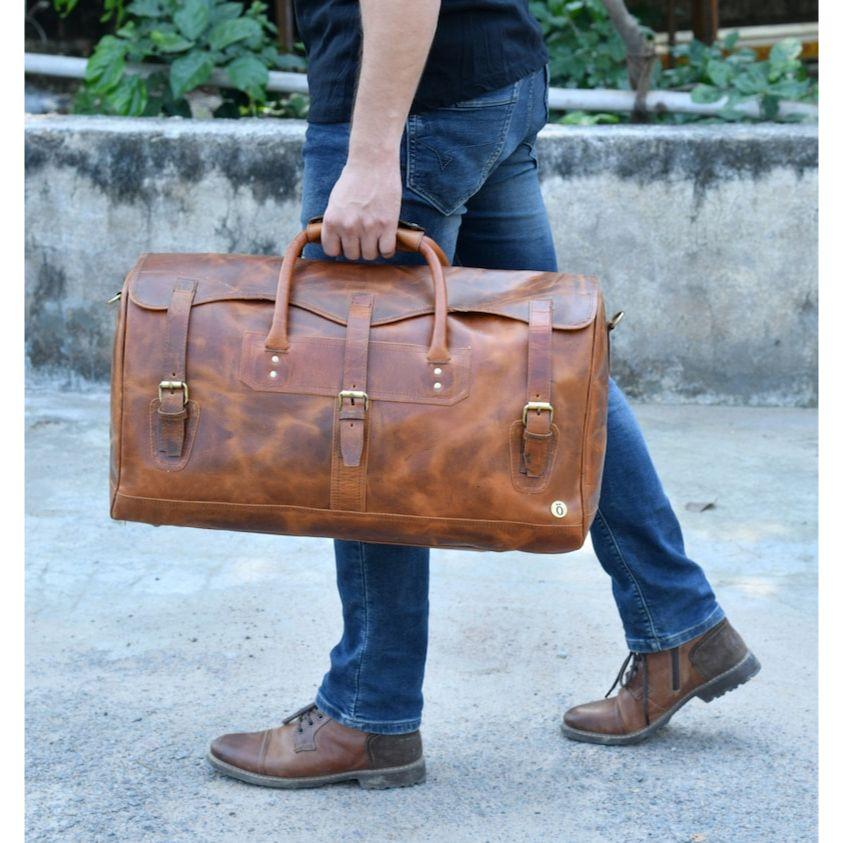 Leather Duffle Bag: Handmade Brown Weekender Travel Bag