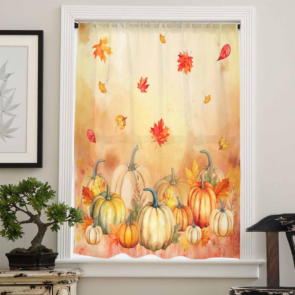 Thanksgiving Plants Pumpkin Ginkgo Leaf Watercolor Sheer Curtains for Kids Living Room Voile Window Curtains Tulle Drapes