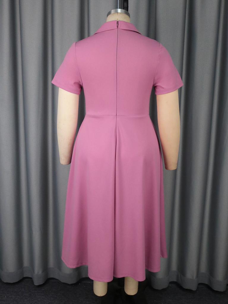 AOMEI Plus Size Women's Elegant Lace Panel A Line Midi Dress Short Sleeve Collared Dresses for Church Office Daily Wear