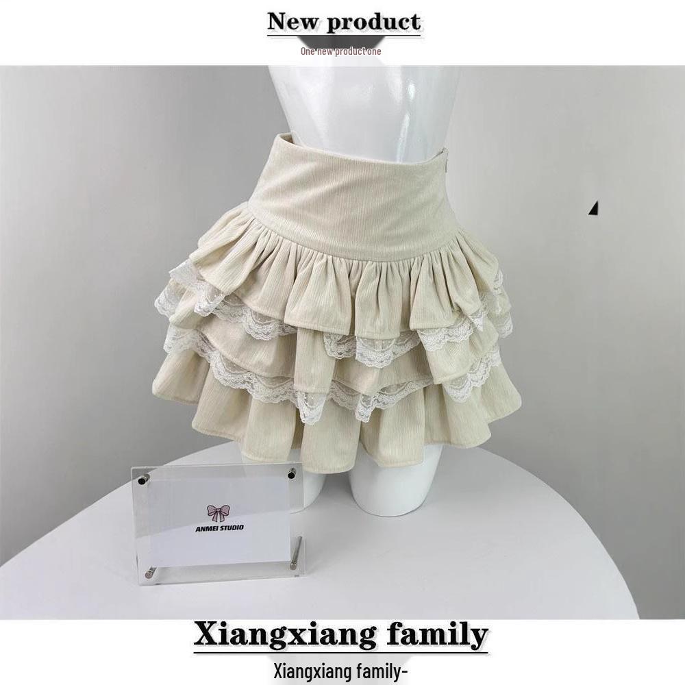 Aprikosenfarbener A-Linien-Midirock mit hoher Taille, Spitzen-Patchwork und bauschigen Lagen