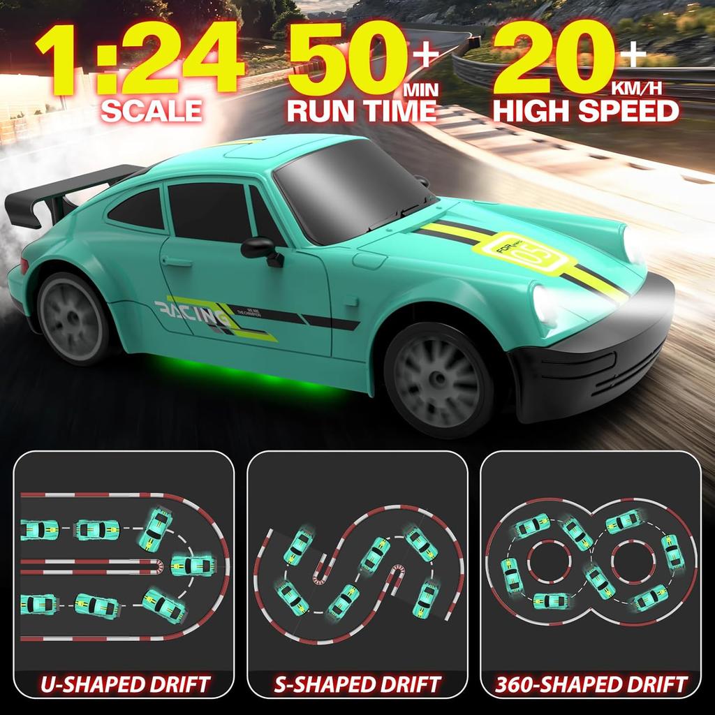 Speedy 4WD RC Drift Car 1:24, U-Shaped Drift High Speed, Rechargeable LED Toy, Boys Outdoor Racing, Colors Optional.