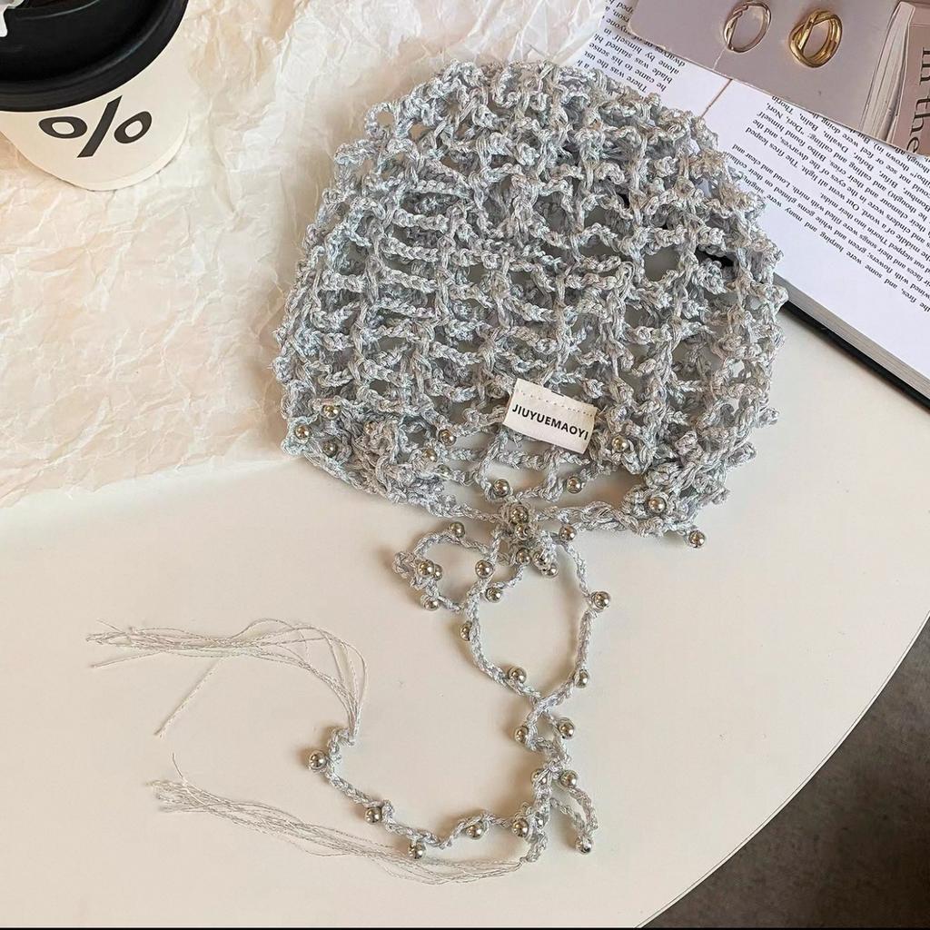 Pearl hollowed-out handmade crochet headgear female summer fringed sweet pullover hat showing face small knitted cold hat