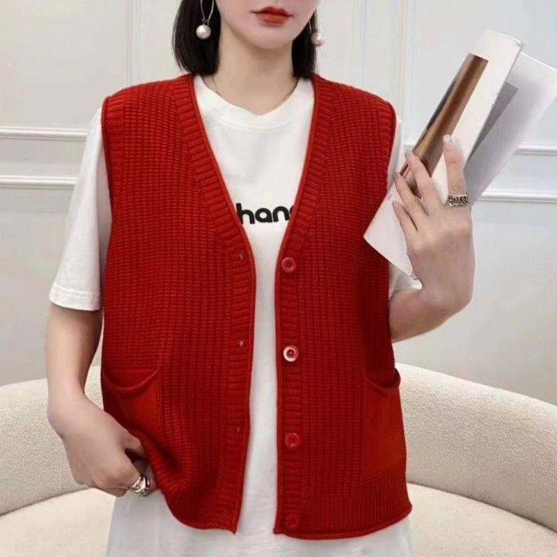 Women's Knitted Vest with Pocket Autumn and Winter New Sweater Korean Version V-neck Loose Vest Top