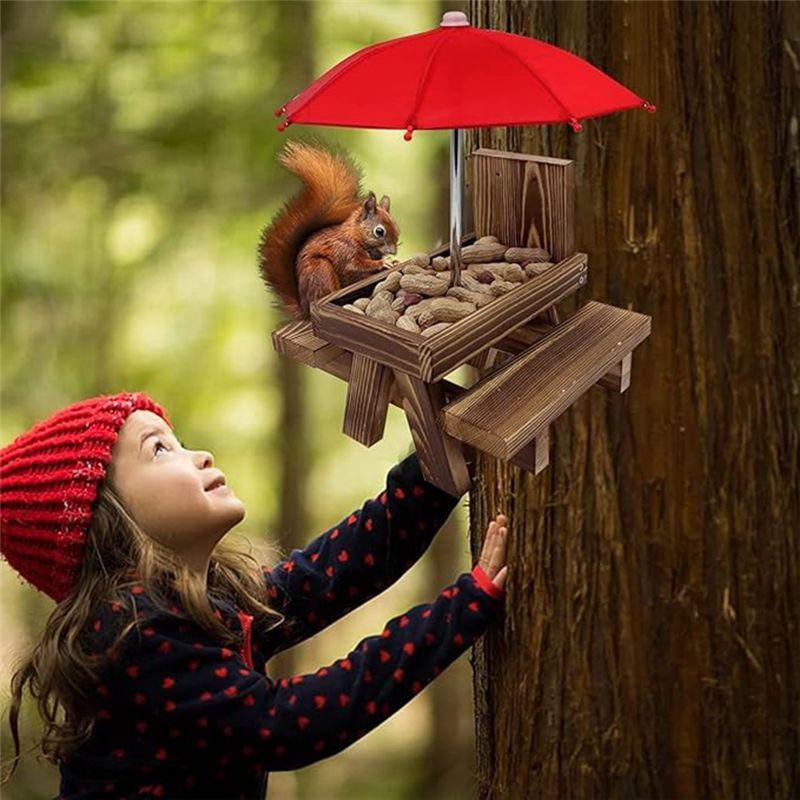 Practical-Squirrel Feeder Picnic Table With Umbrella,Wooden Squirrel Feeders For Outside,Cute Chipmunk Feeder+Solid Structure A