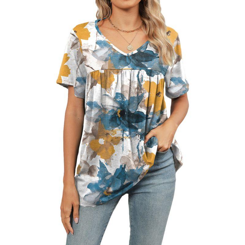Short-Sleeve V-neck Short-Sleeve Top European and American Flower Short sleeve T-shirt Top Women