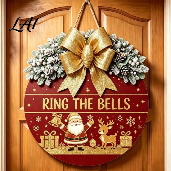Seasonal Wall Art Christmas Wooden Welcome Sign for Front Door Round Hanging Ornament with Gift Artificial Pine Branches & Bow Decor Holiday