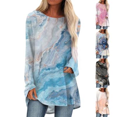 Women's Casual Round Neck Textured Print Long Sleeve T-Shirt Top