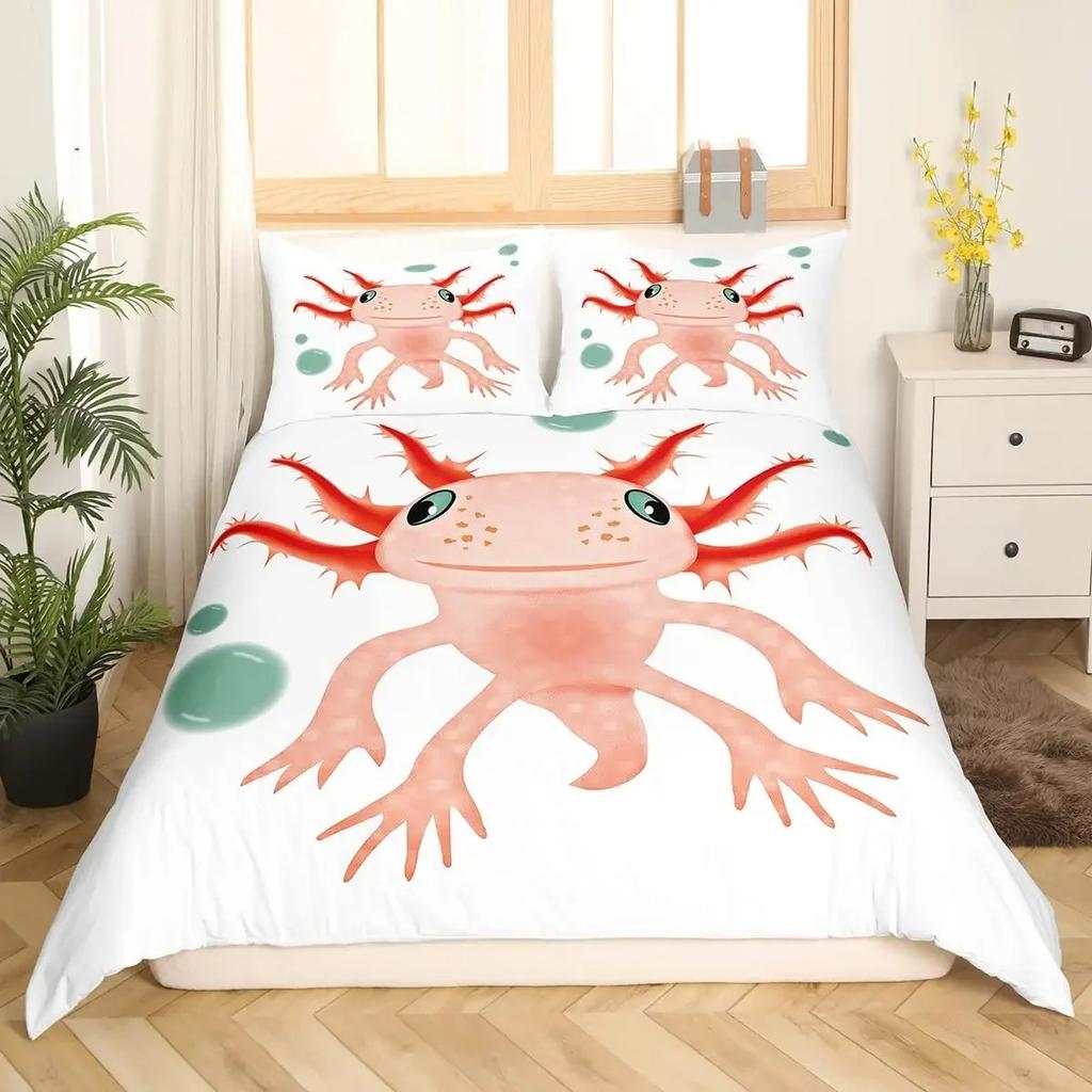 Cartoon Axolotl Duvet Cover Set KingQueen Size Kids Girls Boys Cute Rainbow Sea Wildlife Animal Reptile Polyester Bedding Set
