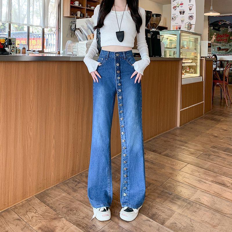 Authentische Amerikanische Retro Damen High-Waist Wide-Leg Jeans mit Mehrknopf-Detail