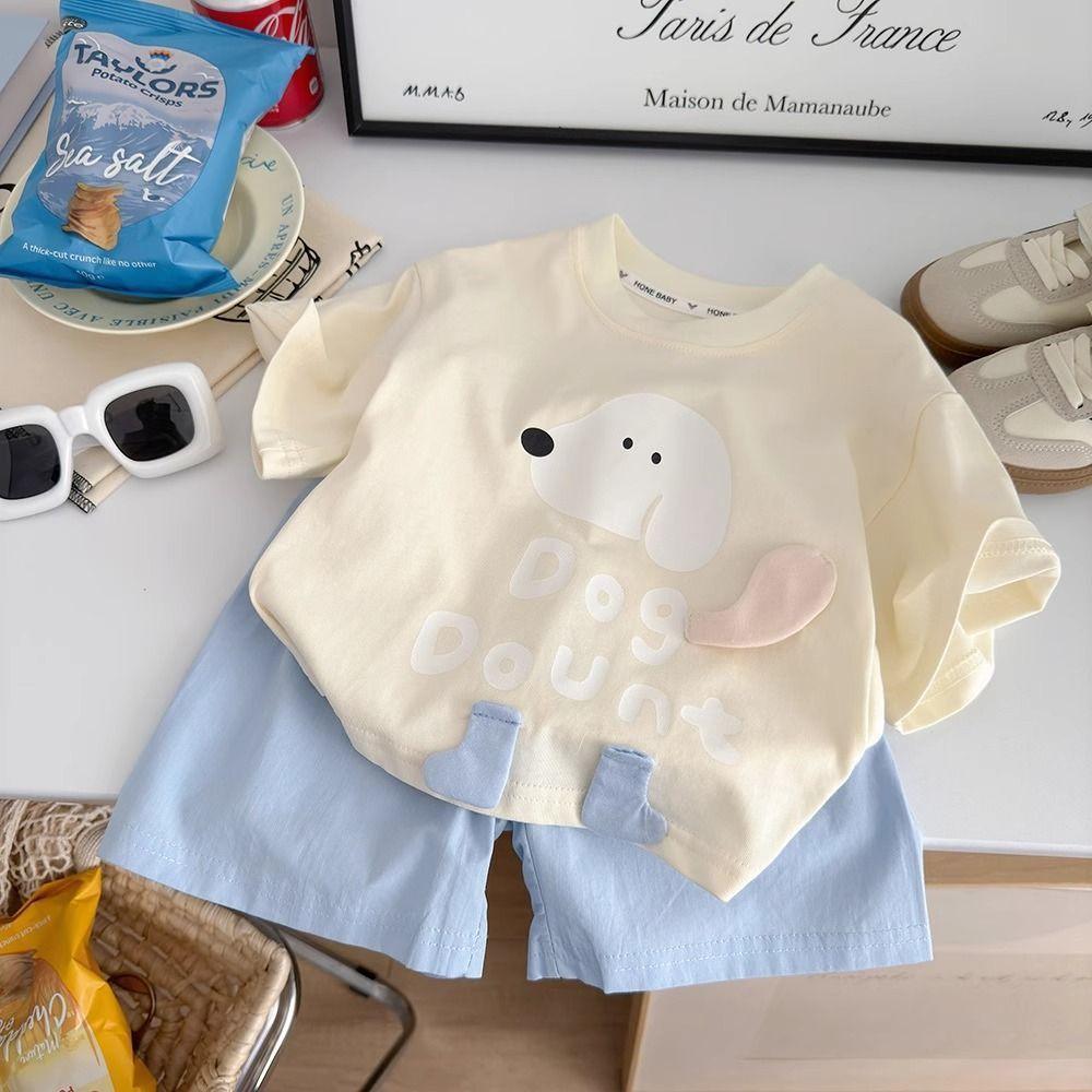 Girls Cotton Short Sleeve Set Cute 3D Puppy Cartoon Shorts Casual Two Piece Outfit Stylish Summer Kids Clothing