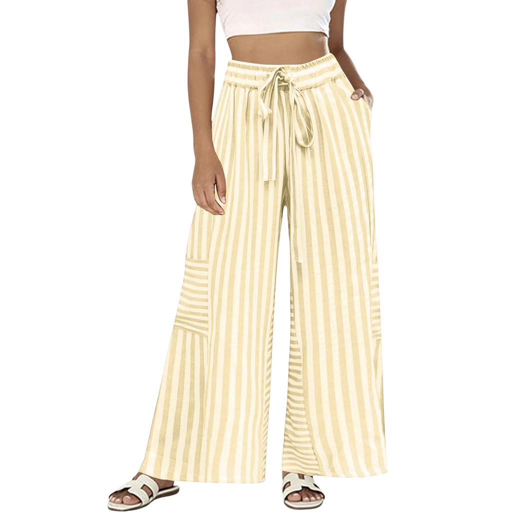 Women Striped High Waist Wide Leg Drawstring Pants Loose Fit Straight Casual Trousers with Pockets for Daily Wear