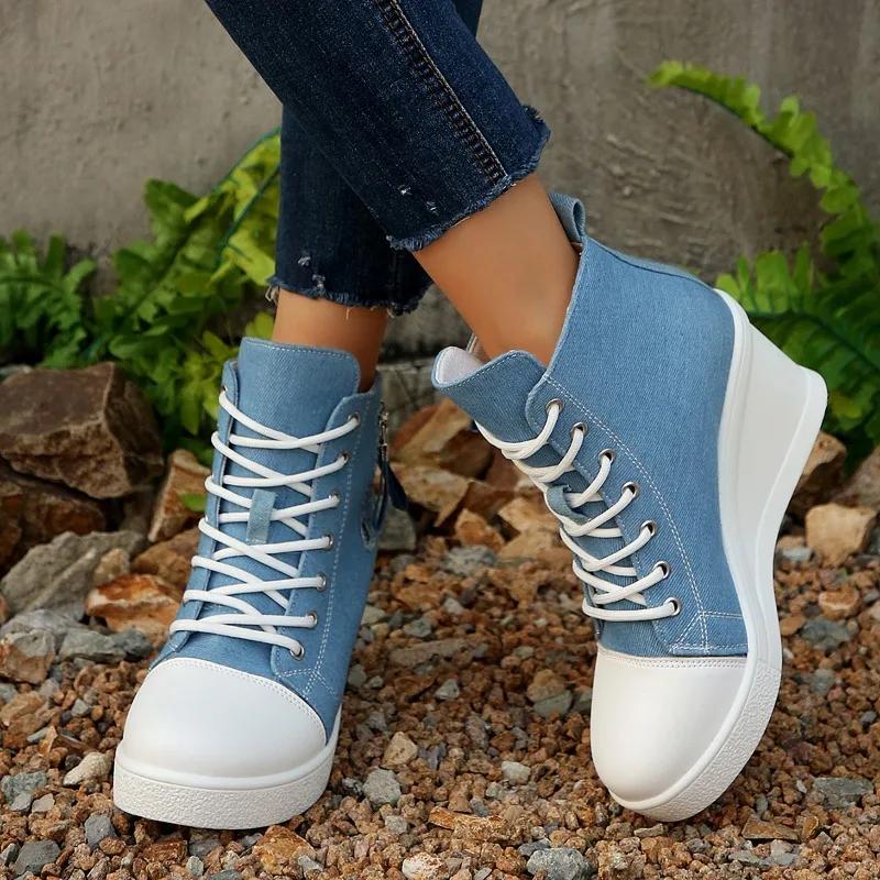 Fashion 2025 New Autumn Women's Vulcanize Shoes Wedge Canvas Sneakers Solid Platform Casual Zipper Side High Heel Ladies Casual Shoes