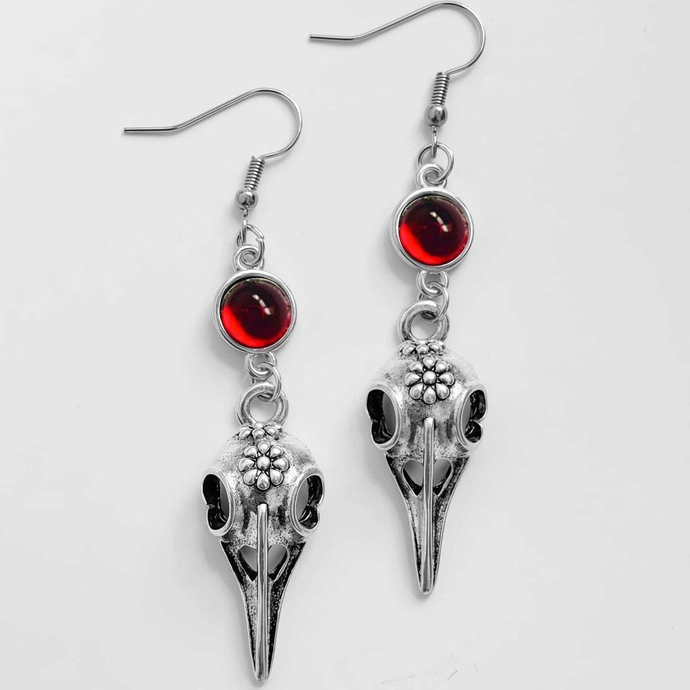 Gothic Punk Red Crystal Vampire Bird Skull Crow Dangle Earrings for Women Hallowmas Party Heathen Wizard Earrings Jewelry Gifts