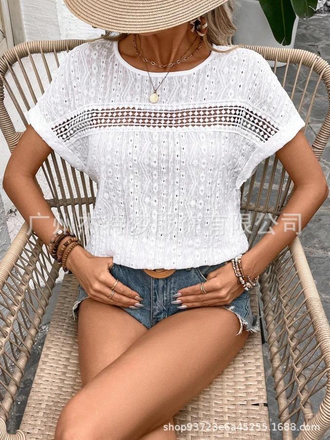 

Женская футболка весна/лето с вырезом из кружева и круглым вырезом с рукавом «летучая мышь» XXL белый