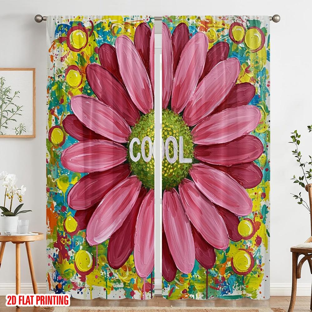 2pcs 2D flat printing Window Curtains Cool Flower_a Polyester Without Electricity Holiday Decorations Perfect for Photo Booths &
